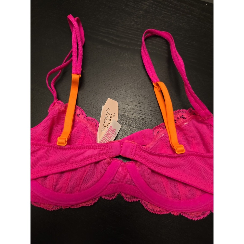 NWT Victorias Secret 32B Very Sexy Hot Pink Bright Orange Lace Unlined Demi Bra - Picture 3 of 9
